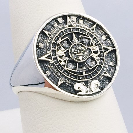 Aztec calendar ring in silver