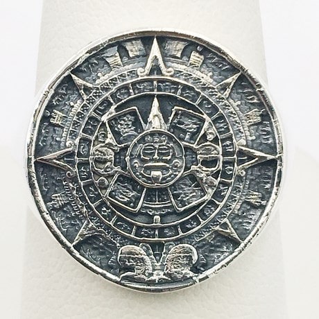 Aztec calendar ring in silver