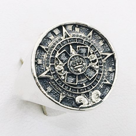 Aztec calendar ring in silver