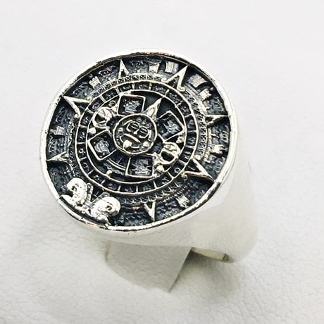 Aztec calendar ring in silver