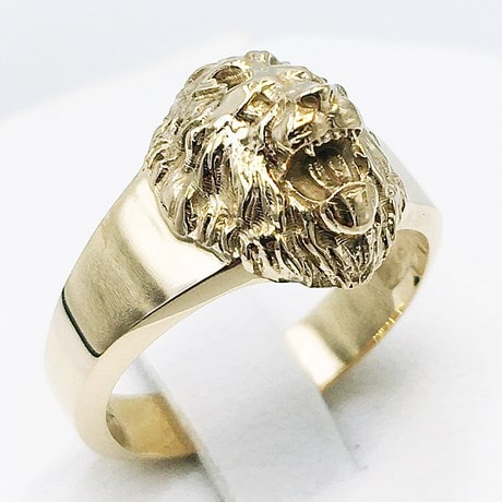 Gold Lion Head Mens Ring with Cubic Zirconia, Mens Gold Lion Ring