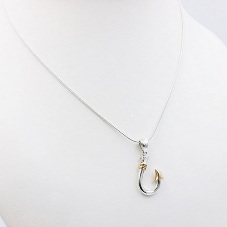Fish Hook Pendant Necklace in gold and silver